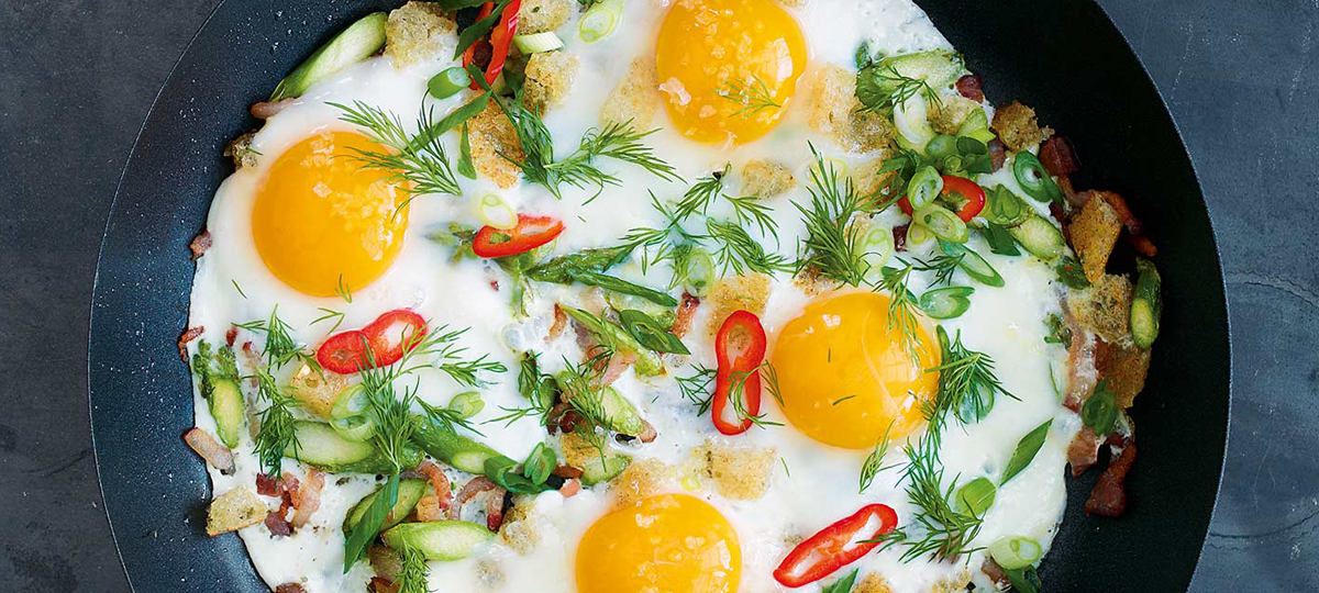 Fried Eggs with Crisp Croutons, Bacon and Asparagus - COMO Dempsey